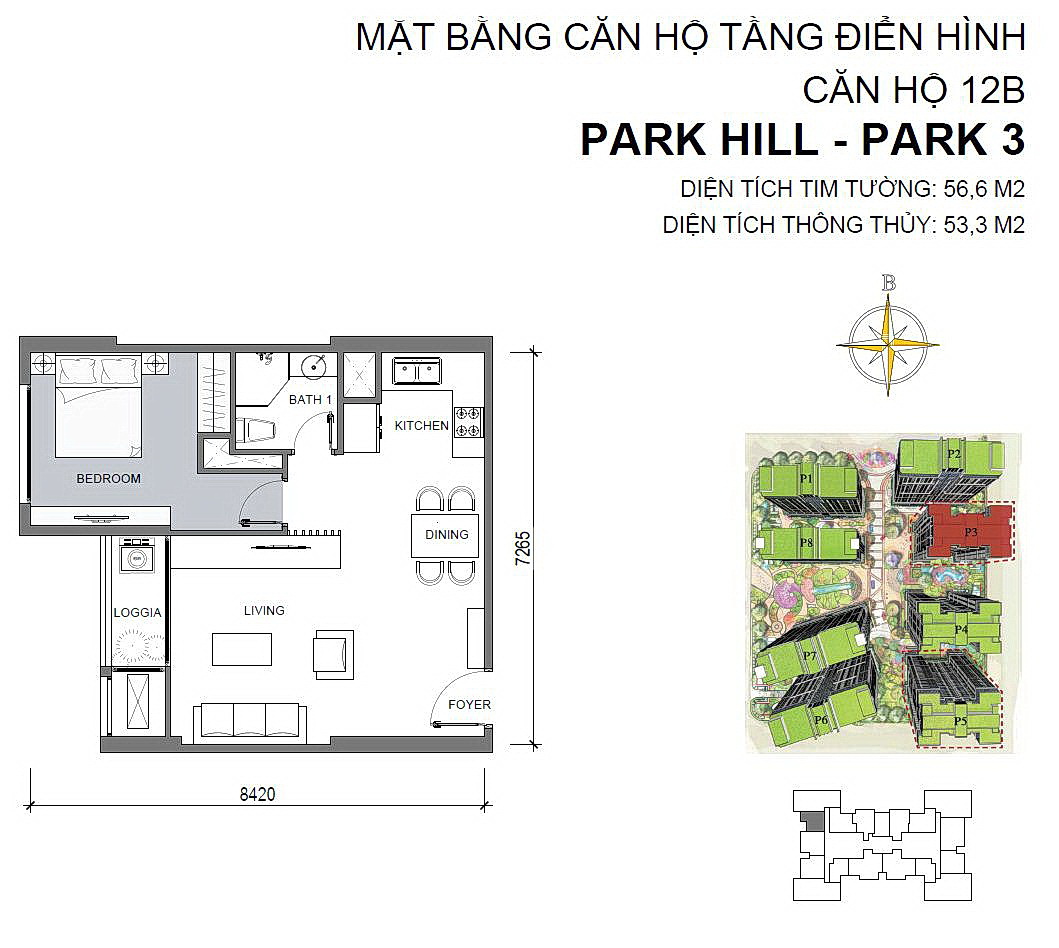 Mặt băng căn hộ 56.6m2 tòa Park 3 Times City Park Hill (Căn số 12B)